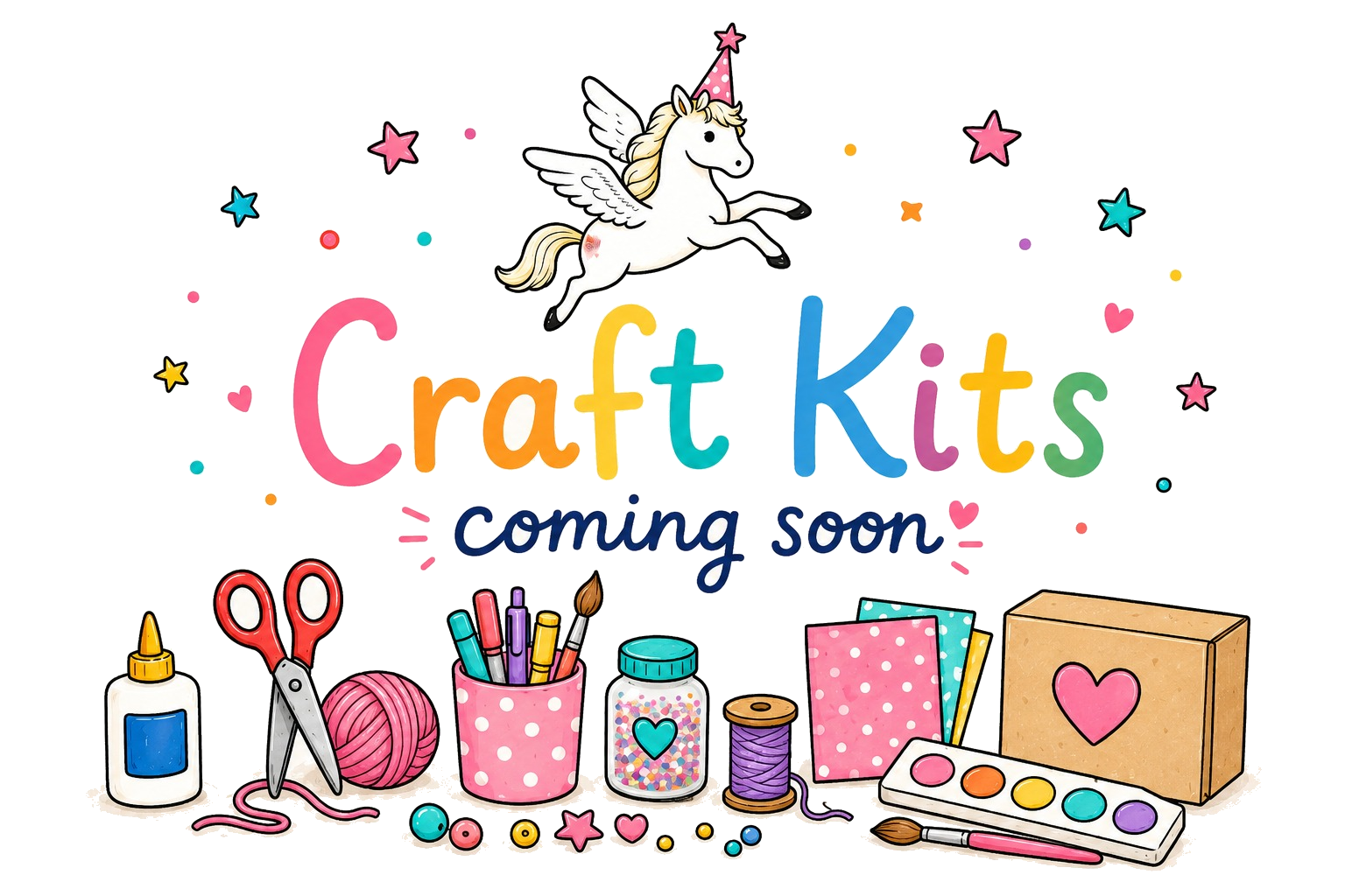 Craft Kits, coming soon — a flying pony over a table full of craft supplies